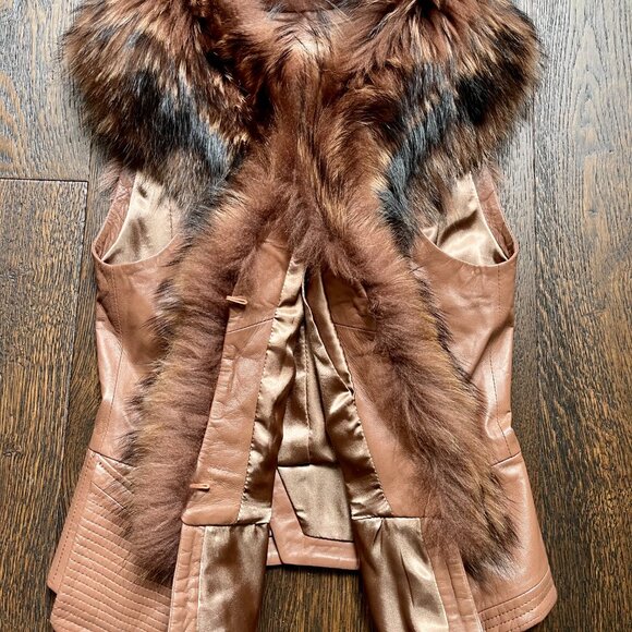 NWOT Tan Brown Leather Vest Real Fox Fur L size - Picture 8 of 16
